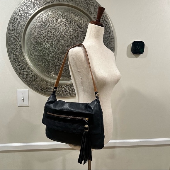 Anya Hindmarch Handbags - Anya Hindmarch Black Leather Shoulder Bag with Brown Strap and Tassel